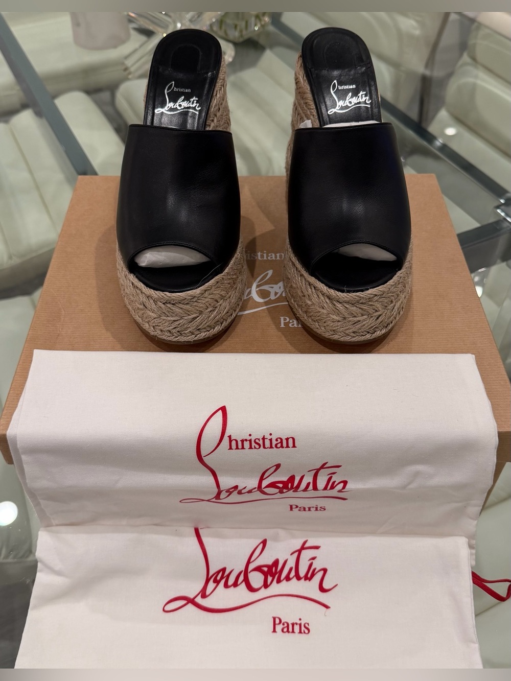 Christian Louboutin Black Leather Espadrille Wedge Sandals with Red Sole